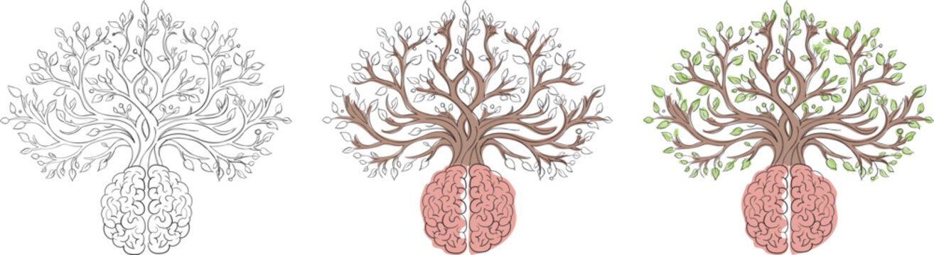 Mental growth and psychology concept Human brain tree with green leaves line art set