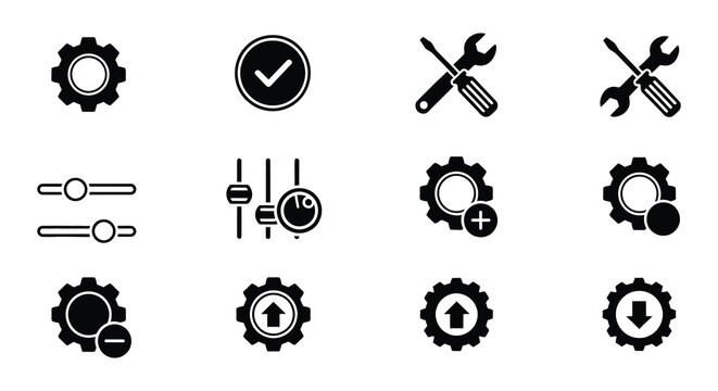 Collection of black and white technical support and maintenance icons