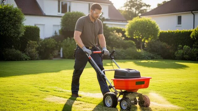 Caucasian man sprea ding granules on lawn in residential garden. Home backyard care and horticulture task.