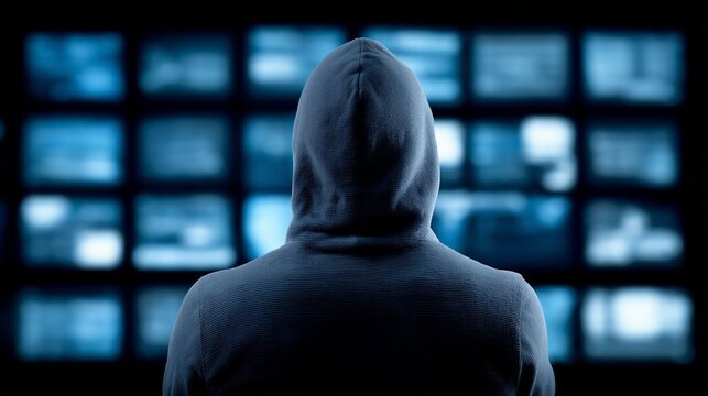 In a dimly lit room, a figure clad in a dark hoodie stands silently, gazing intently at a wall filled with flickering virtual screens. The atmosphere is filled with intrigue and mystery