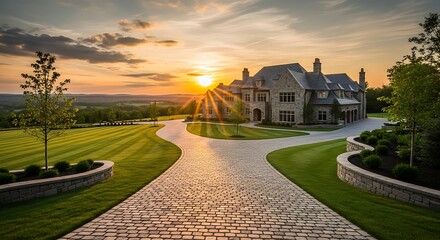 A grand stone luxury home bathed in the golden light of a setting sun, featuring a majestic cobblestone drive and lush landscaping with scenic mountain views.