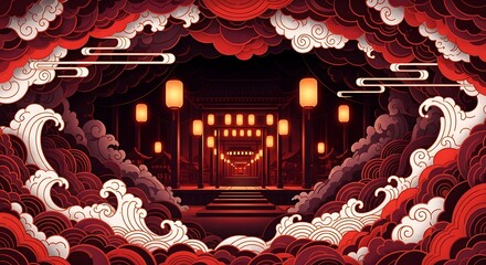 A mesmerizing illustration of an East Asian temple path lit by numerous glowing lanterns, framed by vibrant red and white stylized clouds and waves. Evokes a festive, cultural ambiance.