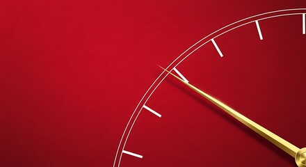 Dynamic red background with a striking gold needle on a white gauge, ideal for concepts of measurement, speed, progress, warning, or critical points. A sleek visual for urgency and performance.