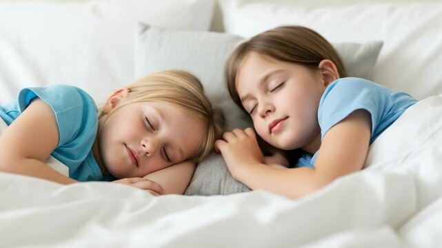 Two young Caucasian sisters aged 5 and 7 sleeping peacefully together in a white bed with blue shirts