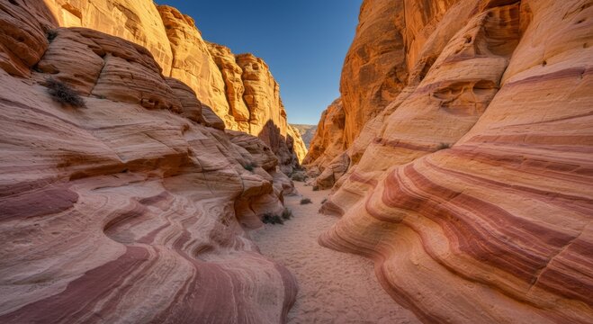 Striped Sandstone Canyon Walls at Sunrise