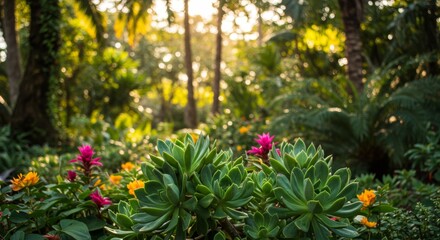 Naklejka premium Vibrant Pink and Orange Flowers in Lush Green Tropical Garden