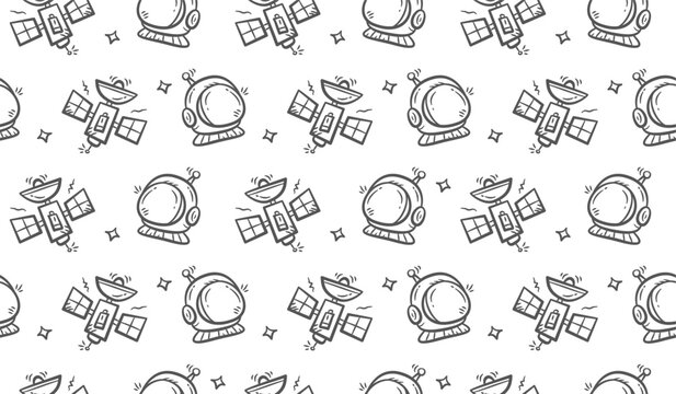 Astronaut background. Doodle satellite pattern background. Spacecraft seamless pattern background. Outer space hand drawn seamless pattern wallpaper.