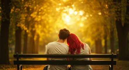 Fototapeta premium Couple Sitting on Park Bench at Sunset