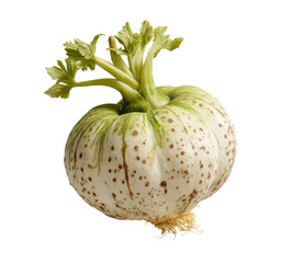 Round, pale-cream vegetable with speckled brown/gray patterns and light green leafy stem