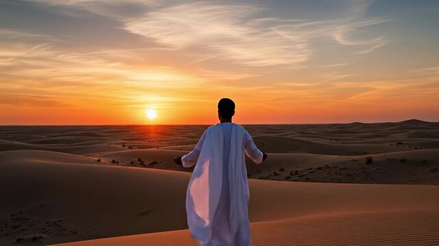 A Middle Eastern man in traditional white thobe praying in the desert at sunset with his hands raised towards the sky