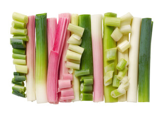 Colorful sliced leeks arranged in rows