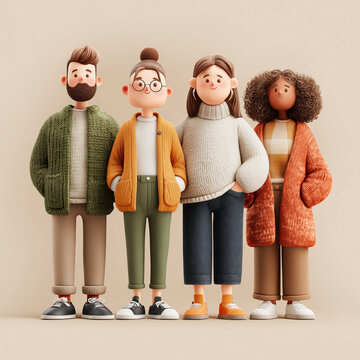 Four people are standing together, wearing warm clothing. They are all smiling and seem to be enjoying each other's company. Concept of warmth and camaraderie