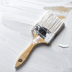 Paintbrush with white bristles, applying a fresh coat of white paint
