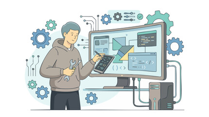 A person working on software development and system maintenance with a computer and tools.