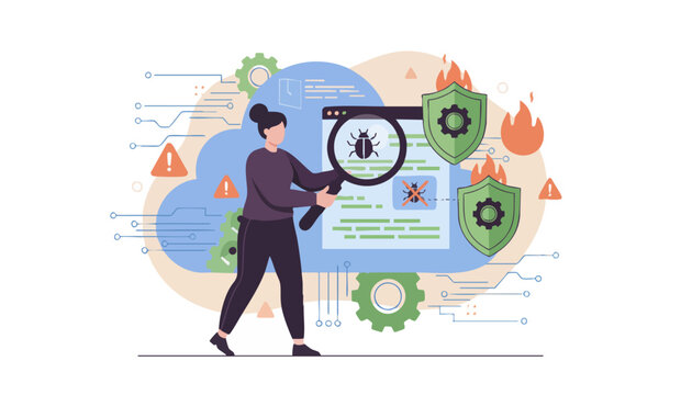 Woman inspecting a cloud-based system for bugs and vulnerabilities with a magnifying glass, surrounded by cybersecurity threats and warning signs.