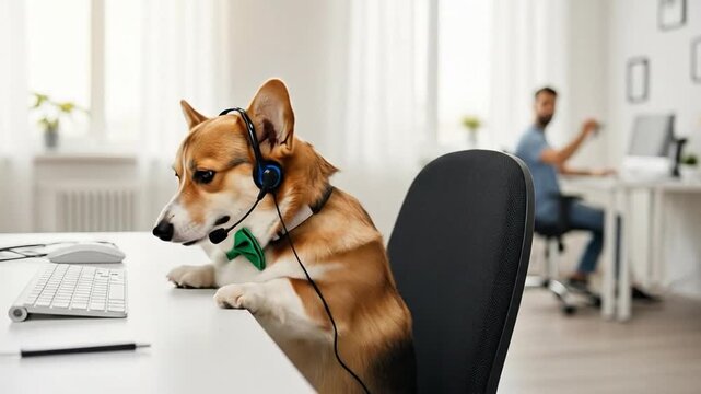Adorable Corgi dog wearing a green bow tie and headset working in a bright office environment as a customer support representative