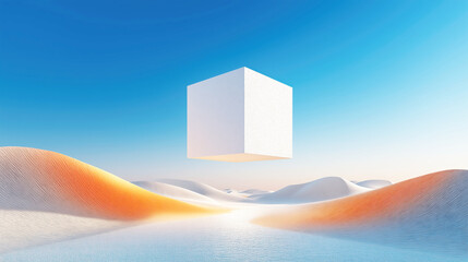 Levitating White Cube Over Desert Lagoon
