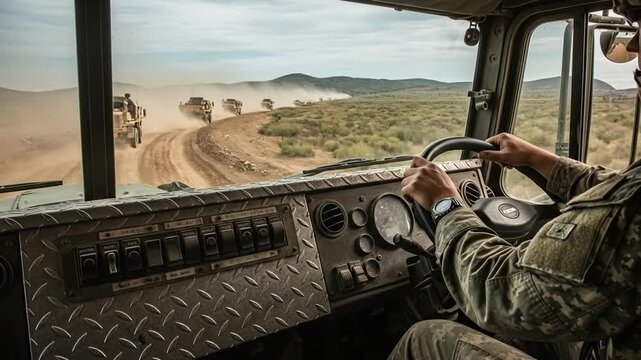 Interior view of a military truck driver in camouflage uniform steering a vehicle in a convoy across a dusty desert landscape during a tactical mission.