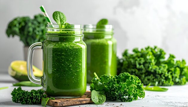 Two green smoothies with kale and avocado, healthy beverage