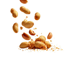 Peanuts in mid-air, falling onto a bed of peanut shells