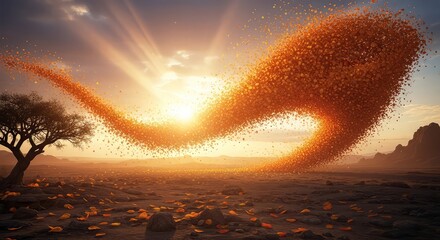 Vibrant orange swirling particles at sunset with tree and mountain landscape