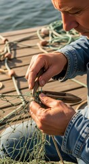 Fototapeta premium Fisherman meticulously mends large netting on a wooden pier beside calm water