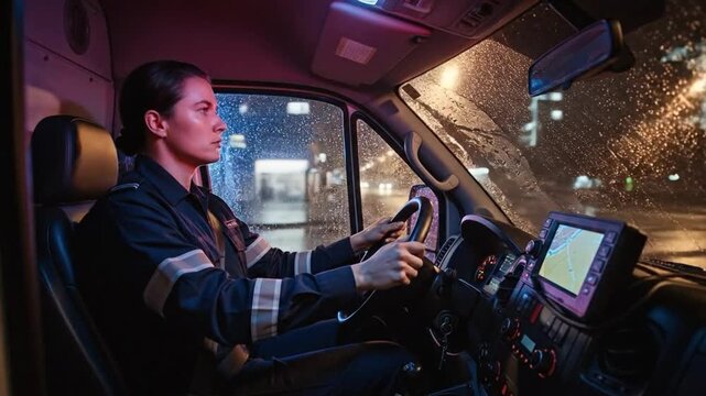 Female Paramedic Driving Ambulance at Night in Rain, Focused Young Woman in Uniform Behind the Wheel of Emergency Vehicle with Red Lights and GPS Navigation
