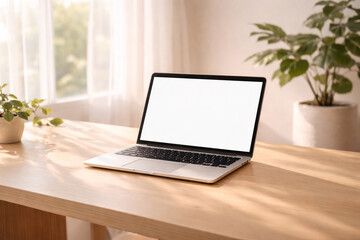 Fototapeta premium Peaceful Minimal Home Office Scene With Laptop and Blank Screen On Wooden Desk And Daylight, Clean Scandinavian Style with Natural Light, Minimalist Workspace Mockup, for remote work 
