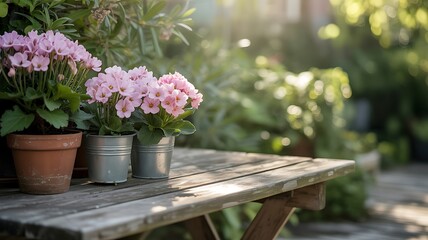 Pink primrose flowers in pots on a wooden table outdoors