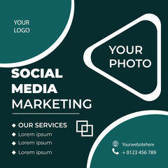Social media marketing flyer with dark green layout modern geometric design for branding promotion and online services