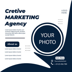 Obraz premium Creative marketing agency flyer with blue and white layout modern clean design for branding and promotional services