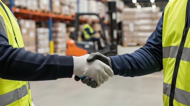 Two adult male warehouse workers in high-visibility vests and protective gloves shaking hands in a large distribution center with a forklift in the background.