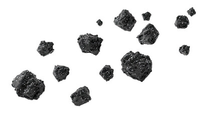 Scattered dark gray rocks or asteroids against a black backdrop