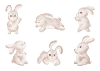 Obraz premium Set of cute bunnies in different poses watercolor illustrations for kids design. Funny rabbits drawing for baby shower. Hand-drawn isolated clipart of little animals easter hares for card, stickers. 