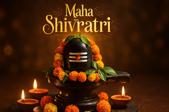 Maha Shivratri Greeting Card with Sacred Shiva Lingam, Marigold Garland, and Burning Diya