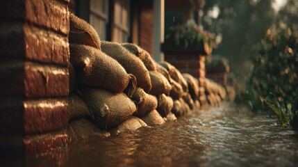 Flood defense with sandbags protecting a house