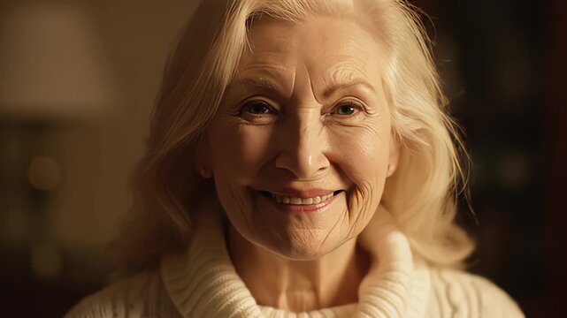 Close up portrait of beautiful happy senior woman with white hair smiling gently at camera in warm indoor lighting