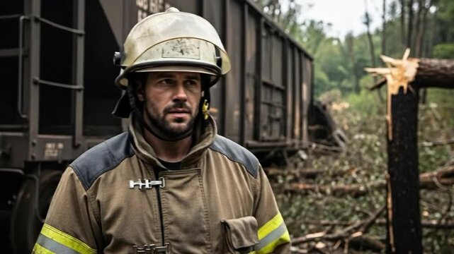 Portrait of a brave male firefighter in protective gear standing near a train derailment site in a forest area, emergency response and rescue operation concept