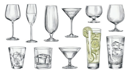 Assorted drinking glasses, various shapes and sizes, depicted in a graphic layout.  Clear glass, filled and empty examples,  showing ice and citrus