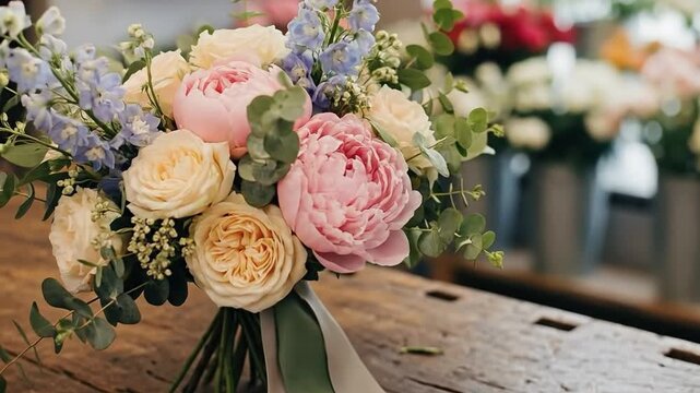 Elegant Floral Bouquet with Pink Peonies and Cream Roses on a Rustic Wooden Table in a Flower Shop