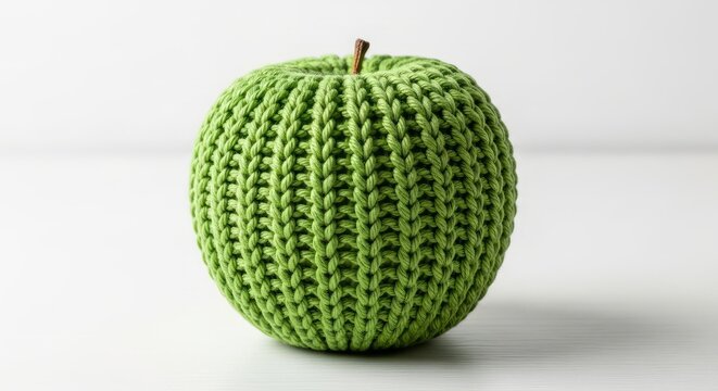 Crocheted green apple decoration with brown stem on white background knitted fruit