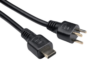Black audio/video cable with HDMI and European plug ends