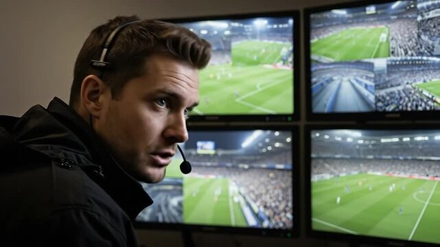 Professional male sports broadcaster in his 30s wearing a headset while monitoring multiple screens showing a live soccer match in a high-tech control room