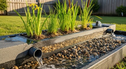 Residential constructed wetland system demonstrates water filtration with aquatic plants and stones