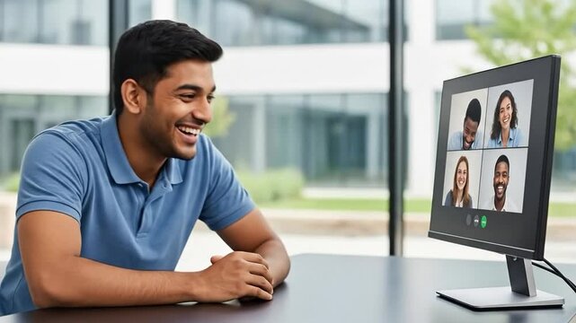 Young South Asian man in blue polo shirt smiling during a video conference call with diverse colleagues on a computer monitor in a modern office.