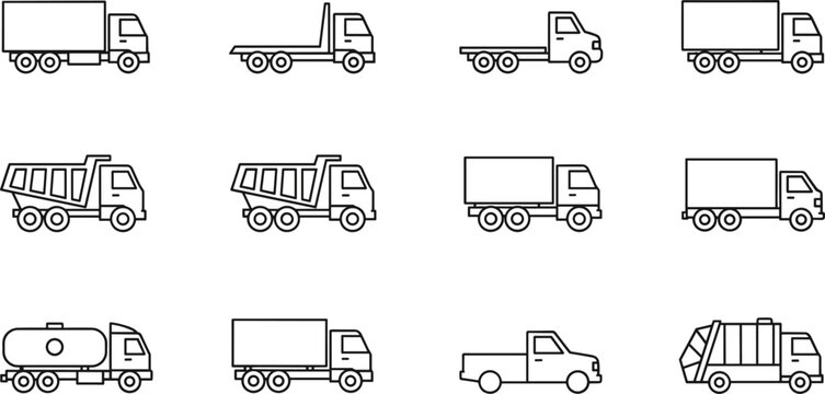 Truck vehicle line icon set including delivery transport cargo service construction and utility trucks vector collection