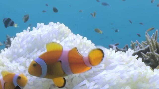Clownfish flutter around and within a stunning white anemone, seeking shelter and symbiotic harmony in a vibrant underwater ecosystem in the Pacific Ocean.