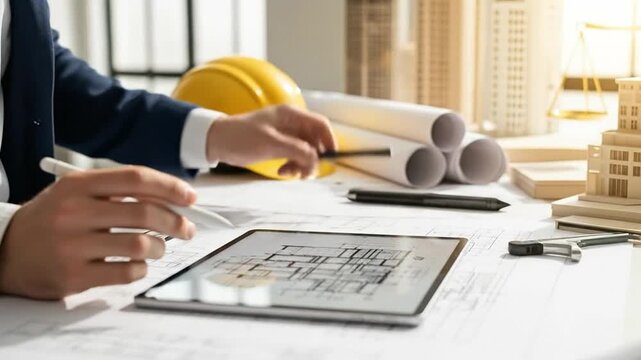 Professional male architect in a business suit using a digital tablet and stylus to review architectural floor plans in a modern office with a yellow hard hat and blueprints.
