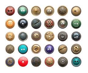 Collection of vintage buttons, diverse in color and design.  Various materials, patterns and textures.  Circular shapes, many with two holes