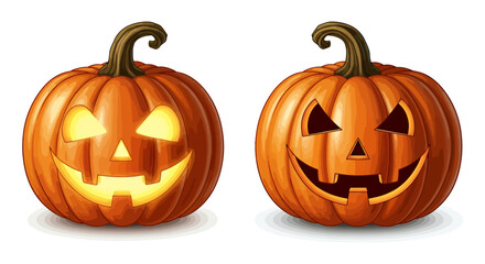 Fototapeta premium Two vibrant orange pumpkins, one illuminated with a glowing face, perfect for Halloween.